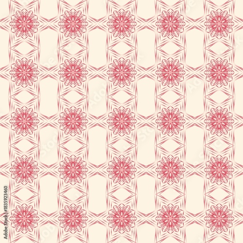 This is a seamless fabric pattern featuring a combination of delicate, soft pink or red-pink floral shapes and a geometric lattice structure on a light cream background. 