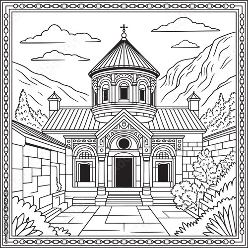 Old armenian monastery building outline for coloring page