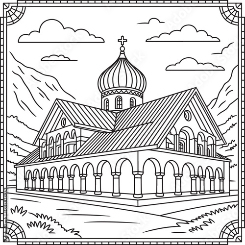 Orthodox church drawing coloring page with mountains