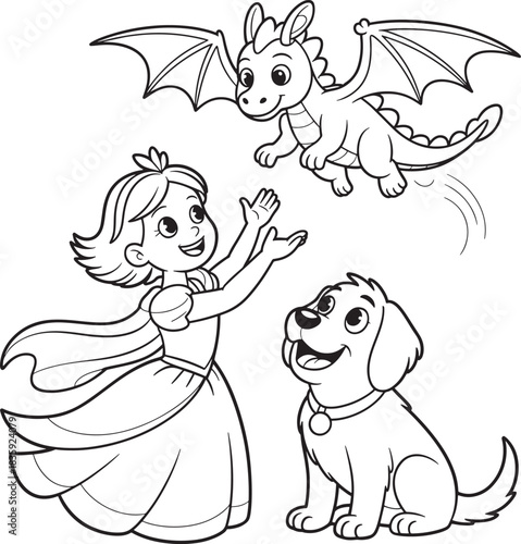 Princess dragon and dog friends enjoying playtime together