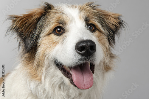 Wallpaper Mural Fluffy mixed breed dog with soft coat texture and brown eyes looking happy with tongue out against plain gray background in close up portrait Torontodigital.ca