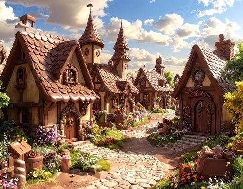 Village houses cobblestone street fantasy landscape