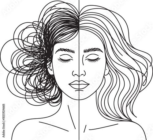 tangled hair line art symbol Choosing clarity woman dividing chaotic scribbles from clear calm space