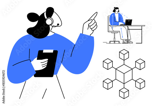 Remote work concept. Remote work involves technology for communication, collaboration, and blockchain networks to facilitate decentralized teamwork. For business, technology, networking