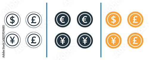 currency money icon set with dollar, euro, yen, and sterling symbols, designed for financial branding, business presentations, economic  layouts, global payment graphics, and clean vector 
