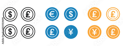 currency symbol vector collection including dollar, euro, yen, and sterling icons, ideal for finance design, global money concepts, digital payment dashboards, economic infographics, and professional 