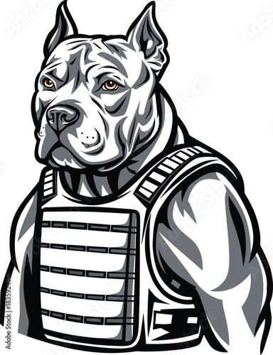 Tough pitbull dog wearing tactical vest illustration