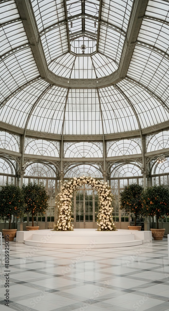 Obraz premium A glass structure with an archway of flowers and trees in pots inside a building with marble floors