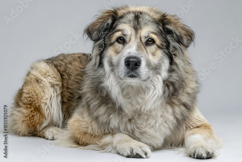 Wallpaper Mural Fluffy dog with thick fur lying down on seamless light gray background, showing calm and gentle expression with soft brown and white coat Torontodigital.ca