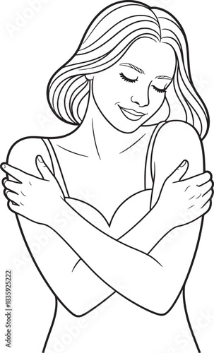 Woman black line art self embrace