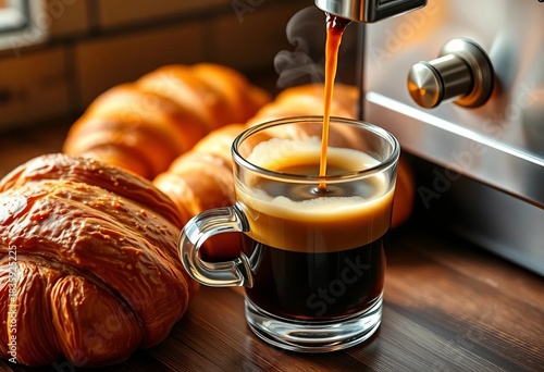 Steaming espresso pouring over rich crema, beside golden-brown croissants,  light,   delicious food