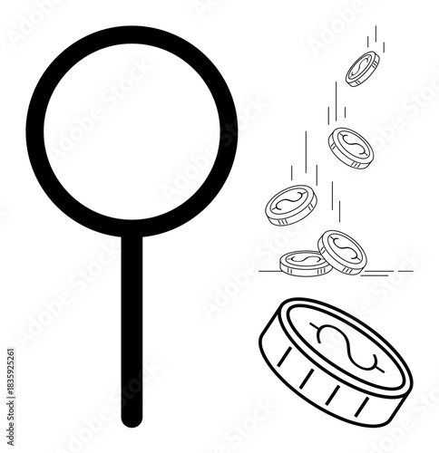 Financial analysis, money management, investment strategies, economic study, wealth evaluation, fintech tools. Magnifying glass next to falling coins. Financial analysis and money management concept