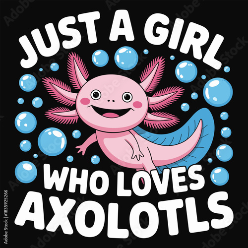 Cheerful cartoon axolotl surrounded by bubbles cute