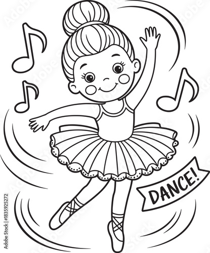 Young ballerina joyfully dancing with musical notes line art