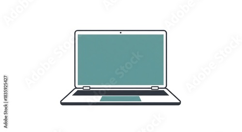 Minimalist flat design illustration of an open laptop computer with a blank screen and prominent touchpad, symbolizing technology, work, education, and digital devices
