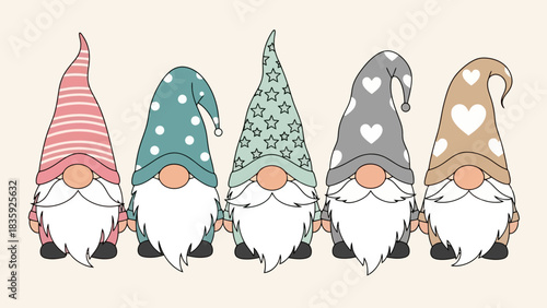 A charming illustration featuring a row of five adorable gnomes with distinct patterned hats and white beards.