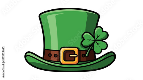 Cartoon illustration of a green leprechaun hat with a shamrock.
