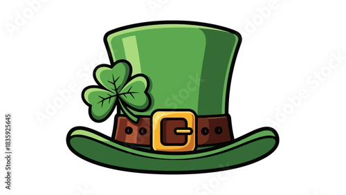 A cartoon illustration of a green leprechaun hat adorned with a shamrock and a buckle.
