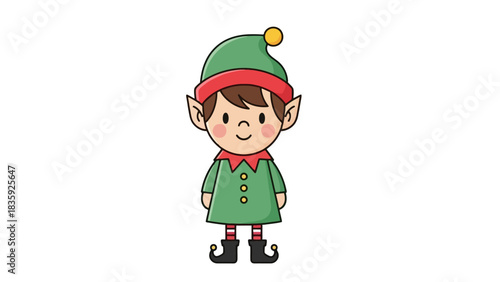 A cute cartoon illustration of a Christmas elf with a green hat and outfit.
