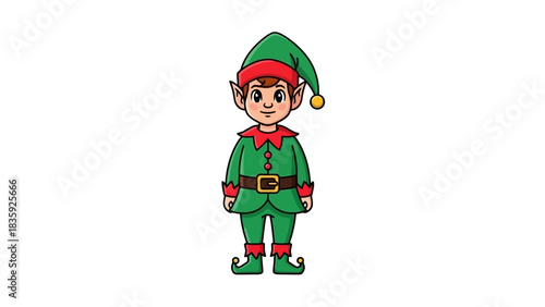 A cartoon illustration of a young elf wearing a green suit, red collar, and a pointed hat with a yellow pom-pom.