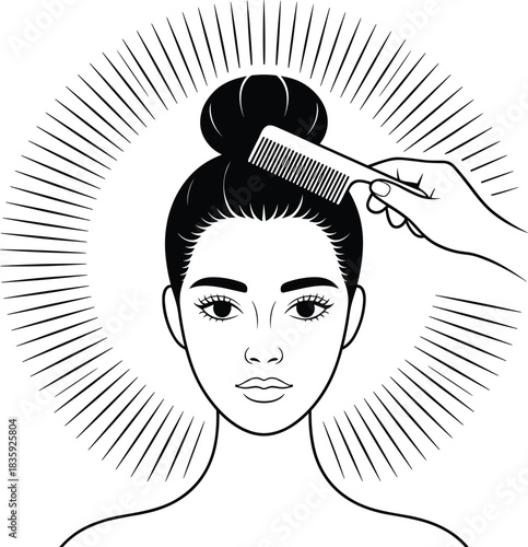 Black and white illustration of a woman combing her hair
