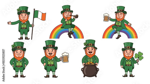 Collection of cartoon leprechauns in green outfits, holding various items, celebrating St. Patrick's Day.