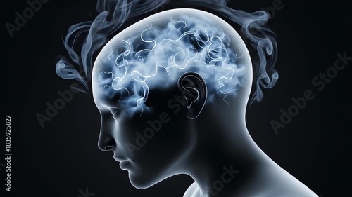 Glowing profile of a person with glowing thoughts and smoke against a dark background