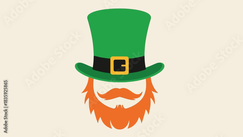 A stylized illustration of a leprechaun's face, featuring a green top hat and a vibrant orange beard.
