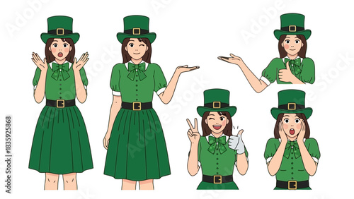 Collection of illustrations featuring a woman in a green outfit and hat, in various poses.
