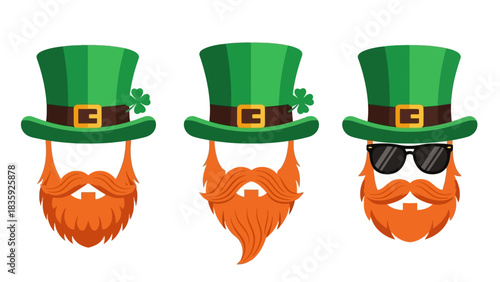Three illustrations of leprechauns with green hats, orange beards, and one wearing sunglasses.