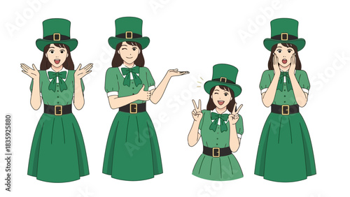 Four women wearing green St. Patrick's Day outfits and hats.
