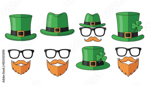 St. Patrick's Day themed hats, glasses, mustaches, and beards in a cartoon style.