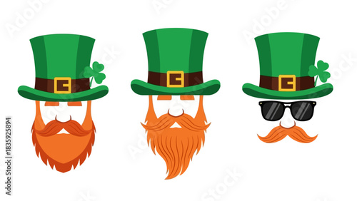 Three leprechaun faces with green hats and orange beards, one wearing sunglasses.