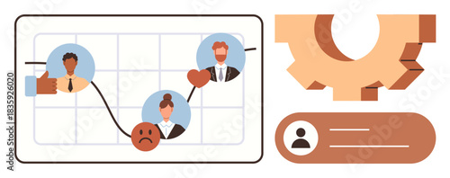 Graph with customer satisfaction indicators, user profiles, and gears depicting workflow. Ideal for analytics, teamwork, process strategy, communication, creativity, user engagement simple flat