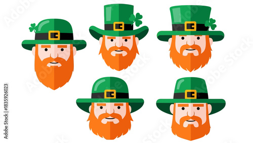 A collection of leprechaun faces with green hats and orange beards.