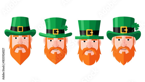 Four cartoon leprechauns with orange beards and green hats with shamrocks.