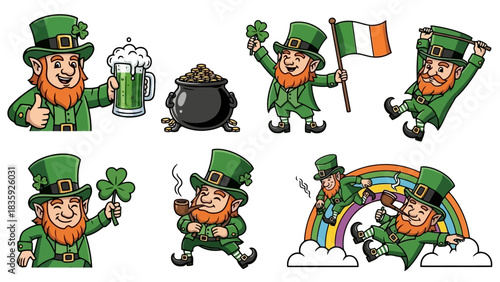 Collection of cartoon leprechauns in various poses, celebrating St. Patrick's Day with Irish symbols.