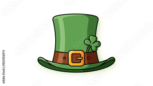A cartoon illustration of a green leprechaun hat with a shamrock and a buckle.