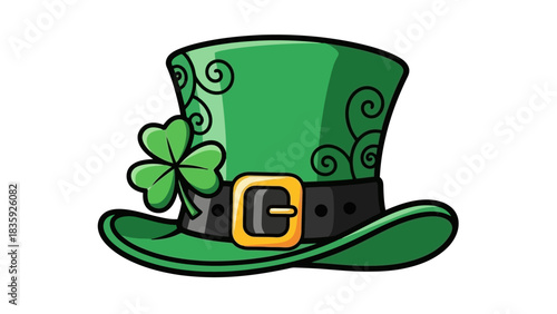 A cartoon illustration of a green leprechaun hat adorned with a shamrock and decorative swirls.