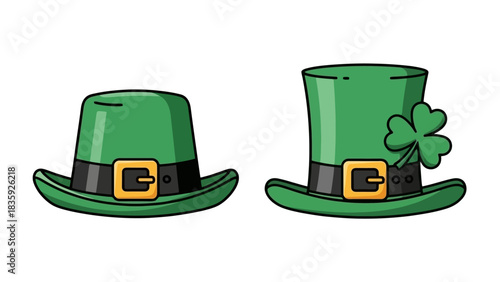 Two green leprechaun hats, one with a clover, perfect for St. Patrick's Day celebrations.