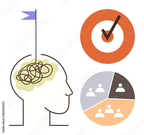 Head outline with tangled lines and a flag symbolizing clarity, a target with a checkmark, and segmented group chart. Ideal for planning, decision-making, leadership, goals, mental health, teamwork