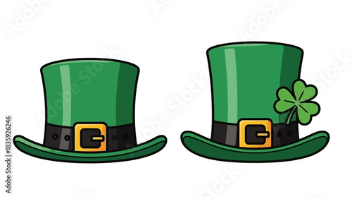 Two green leprechaun hats, one decorated with a shamrock, are displayed side by side.