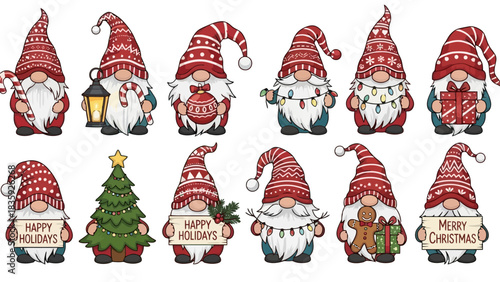 A charming collection of twelve festive Christmas gnomes in various poses and holding holiday-themed items.