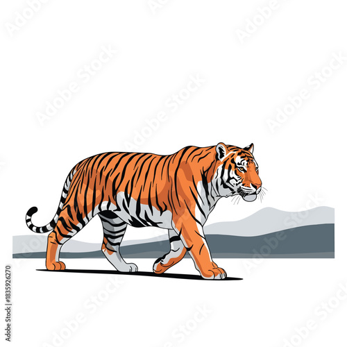 A majestic tiger with orange and black stripes walks gracefully across a white and grey landscape, depicted in a stylized illustration.