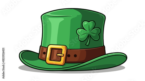 A vibrant illustration of a green leprechaun hat with a shamrock and buckle.