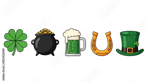 St. Patrick's Day icons: shamrock, pot of gold, green beer, horseshoe, leprechaun hat.