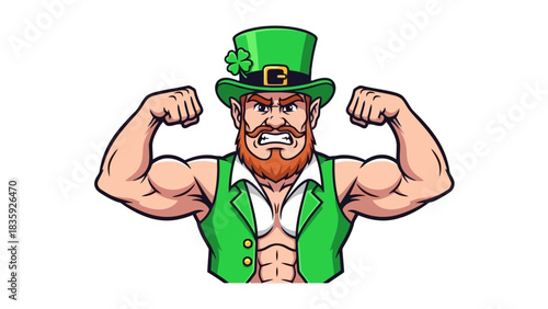 A muscular leprechaun with a red beard, wearing a green hat and vest, flexing his biceps with an angry expression.