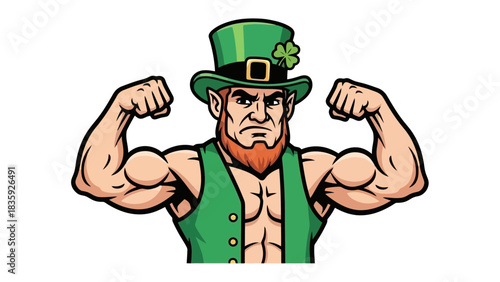 Cartoon leprechaun flexing muscles, wearing a green hat and vest.