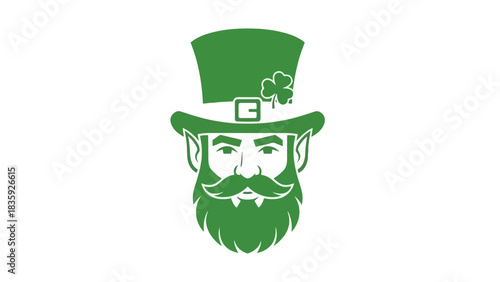 Green illustration of a leprechaun wearing a top hat with a shamrock on it.