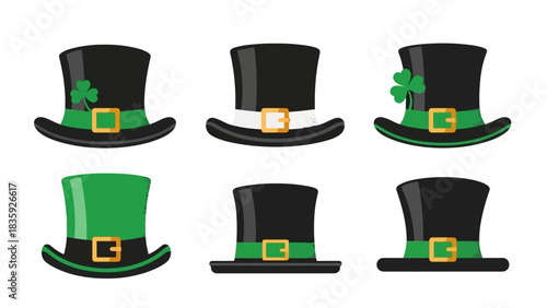 Collection of six different St. Patrick's Day top hats with various designs and colors.